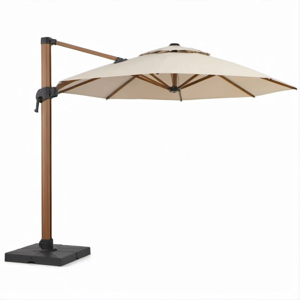 Boczny parasol ogrodowy kwadratowy 300 x 300 cm beżowy z brązowym stelażem i czarną podstawą