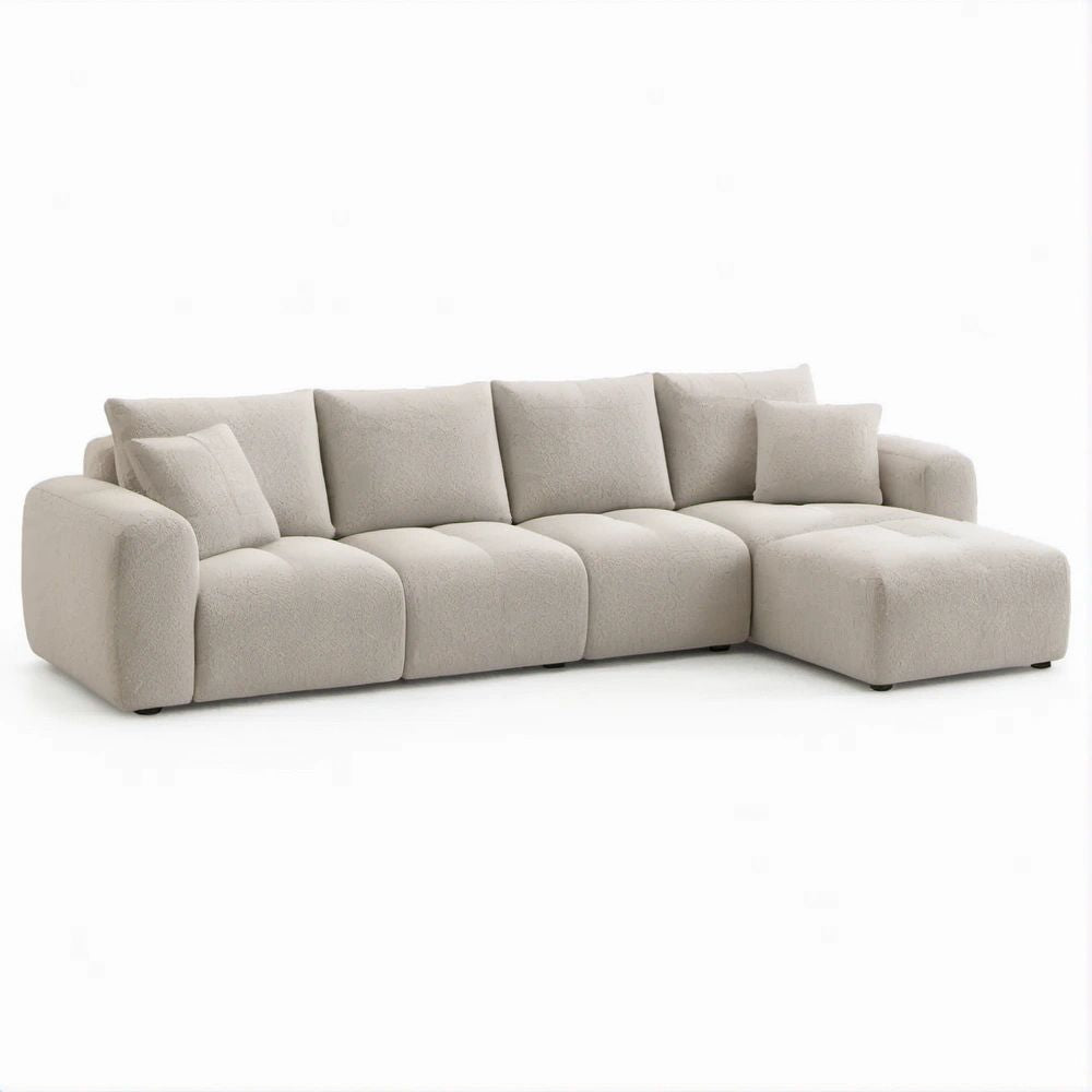 Kremowa sofa narożna z prawostronnym szezlongiem, tkanina bouclé, 300 x 160 x 85 cm