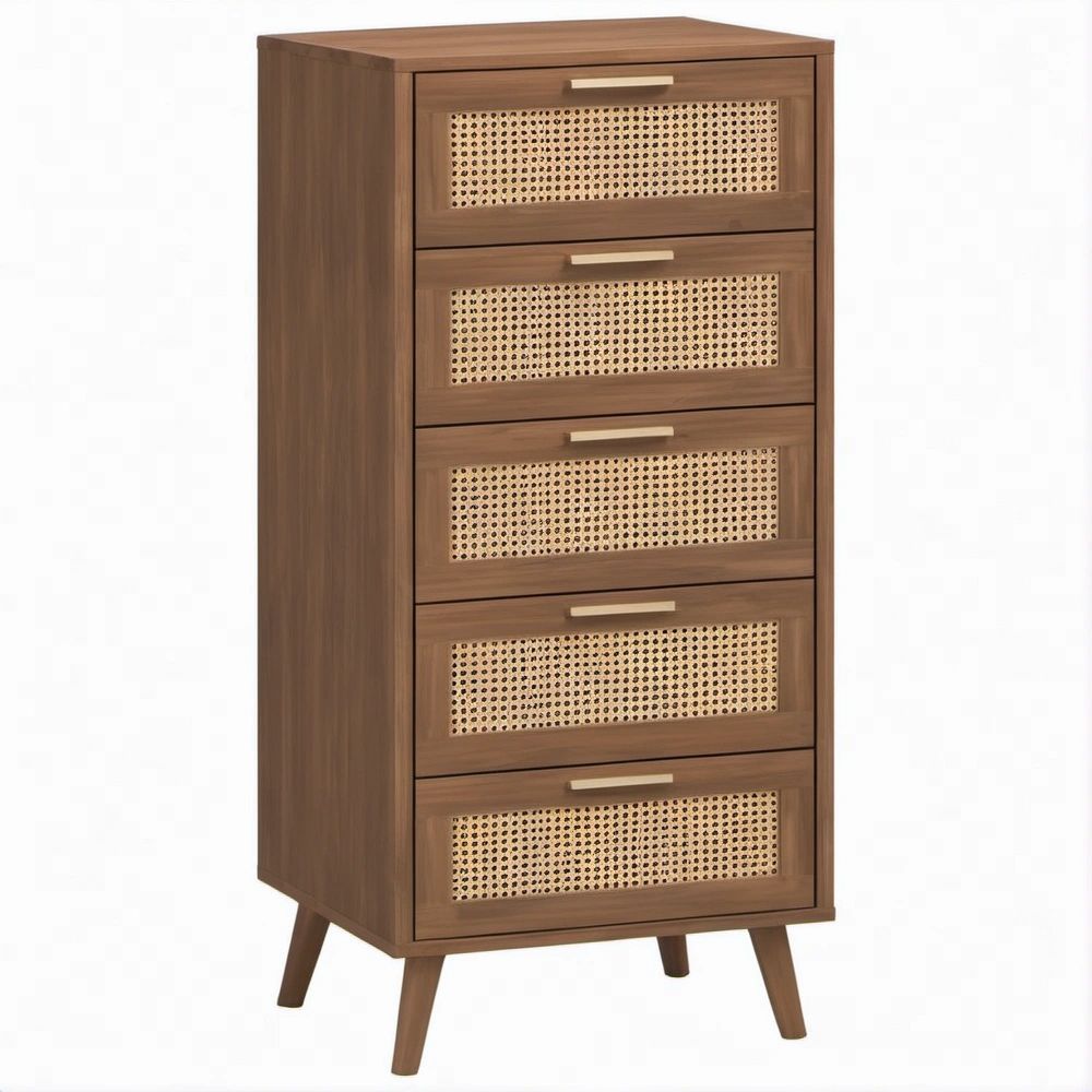 Komoda z 5 szufladami z MDF i naturalnego rattanu, 75 x 40 x 130 cm, brązowo-beżowa