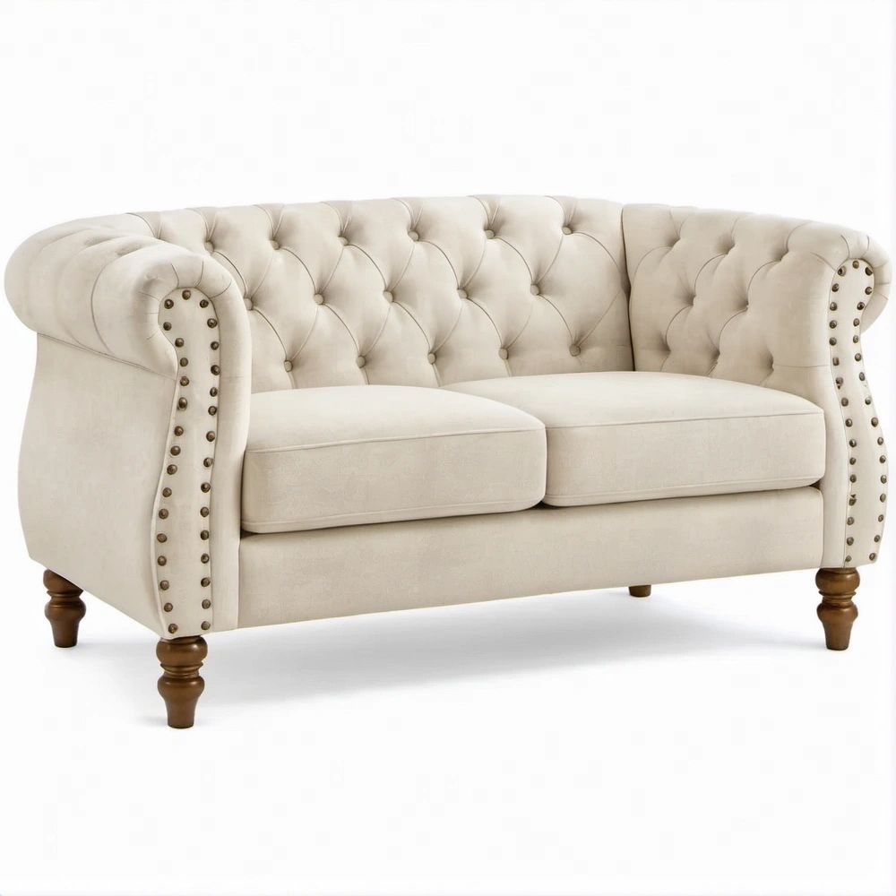 Kremowa sofa dwuosobowa Chesterfield z aksamitu, 170 x 90 x 78 cm