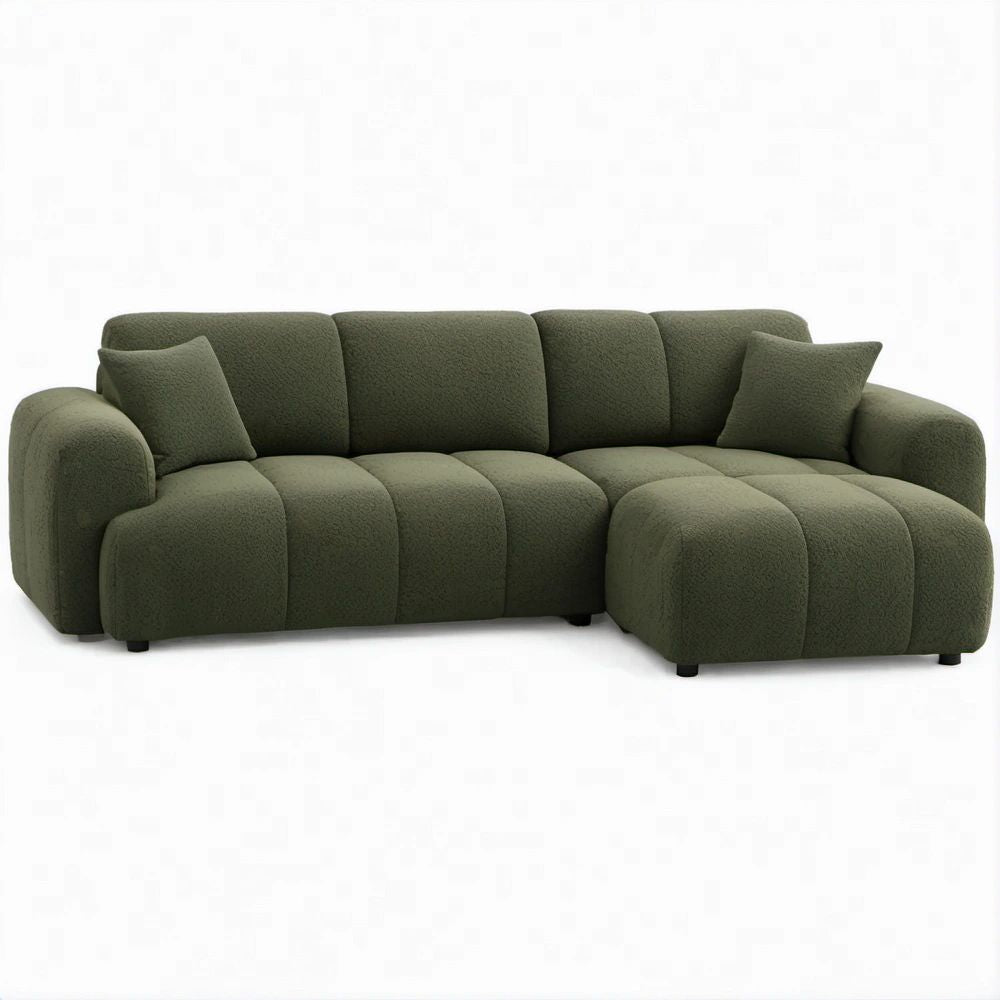 Prawostronna sofa narożna z tkaniny bouclé, oliwkowozielona, 285 × 165 × 82 cm