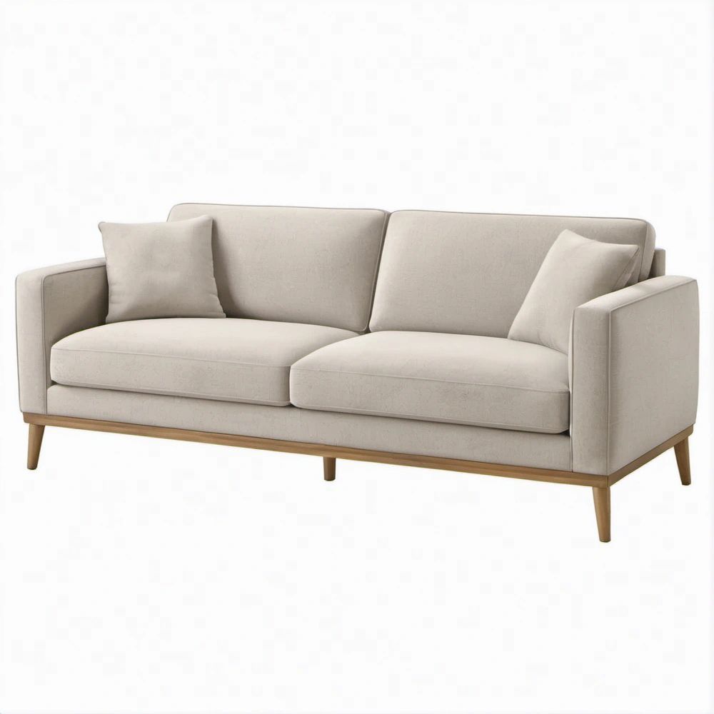 Beżowa sofa 3-osobowa z tapicerką poliestrową i nogami z litego drewna, 200 x 85 x 82 cm